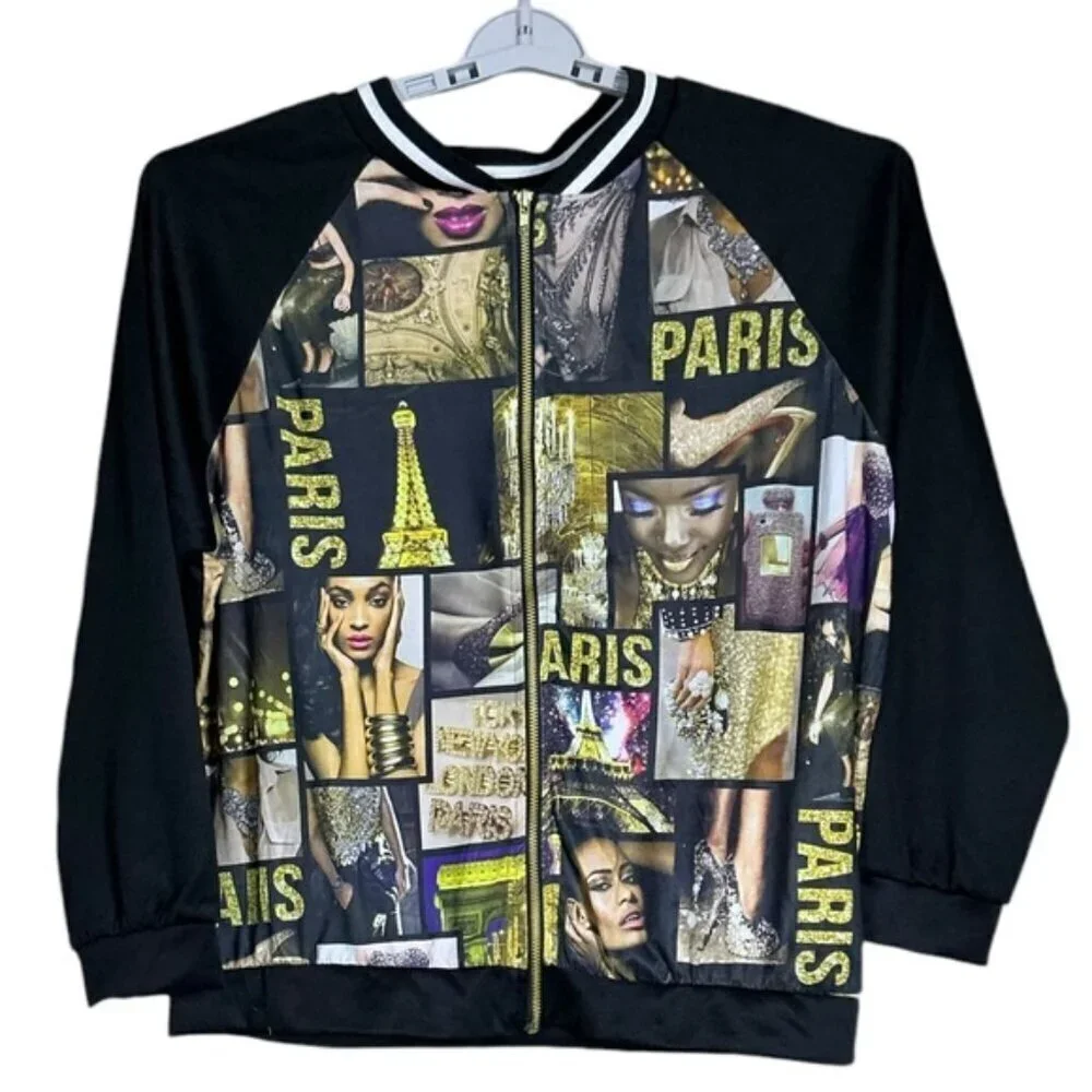 Blush Paris Bomber Jacket Magazine Varsity Zip Up Gold Black Women Large-XLarge - Picture 1 of 15
